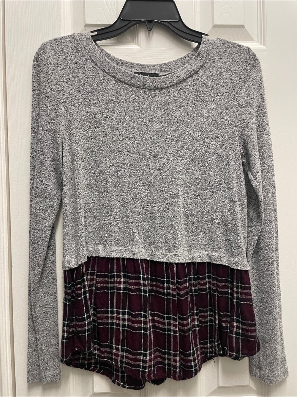 by & by Gray Long Sleeve Top with Burgundy Plaid Hem